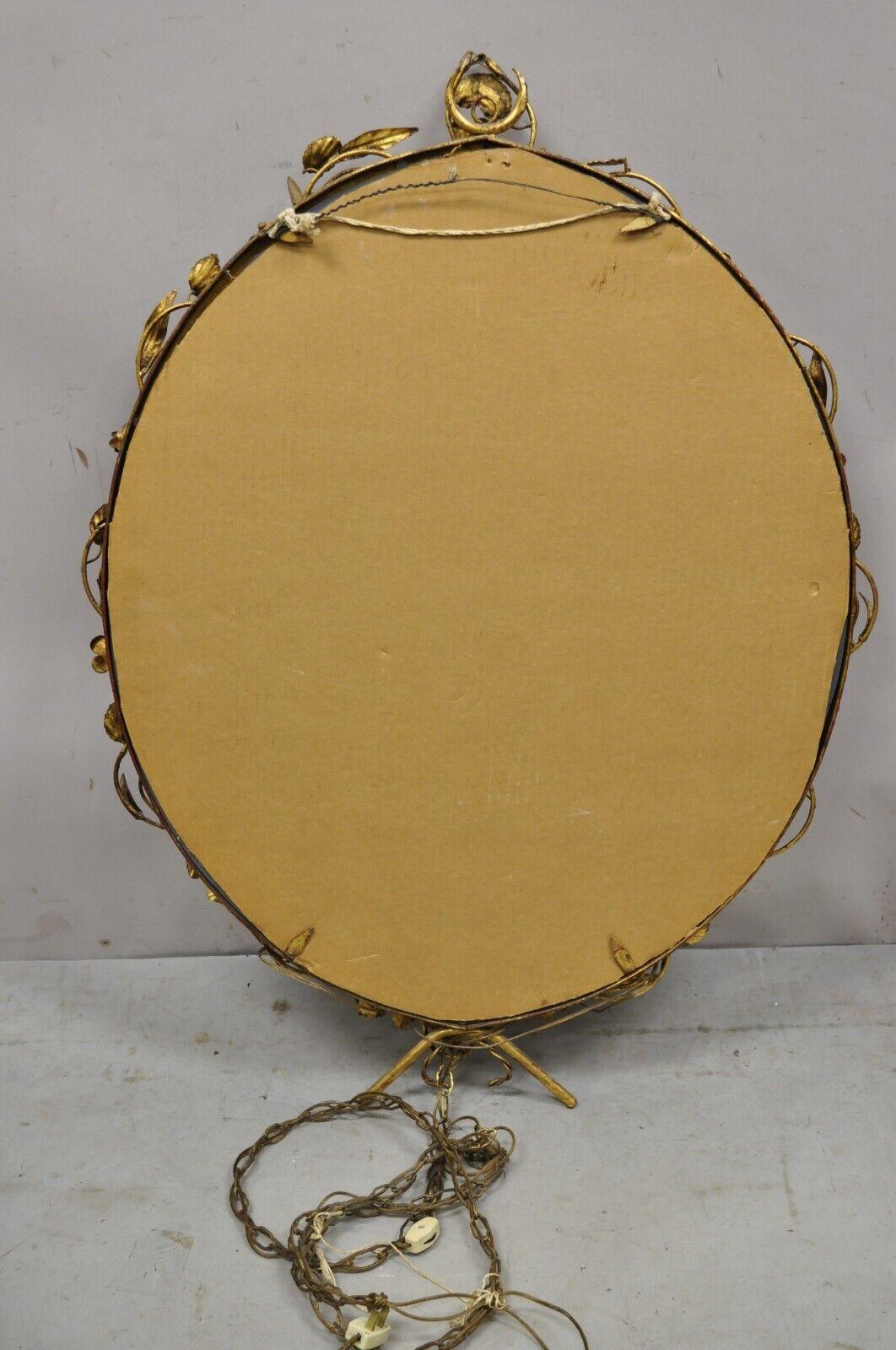 Vtg Italian Hollywood Regency Gold Gilt Iron Oval Floral Wall Mirror w/ Sconces For Sale 5