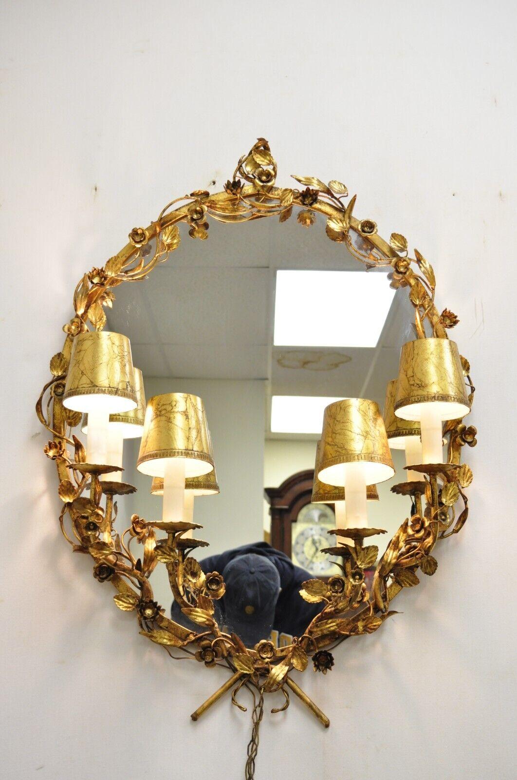 20th Century Vtg Italian Hollywood Regency Gold Gilt Iron Oval Floral Wall Mirror w/ Sconces For Sale