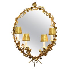 Vtg Italian Hollywood Regency Gold Gilt Iron Oval Floral Wall Mirror w Sconces