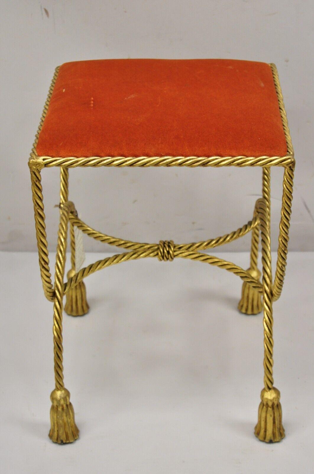 Vtg Italian Hollywood Regency Gold Gilt Iron Rope Tassel Vanity Bench Stool Seat 8