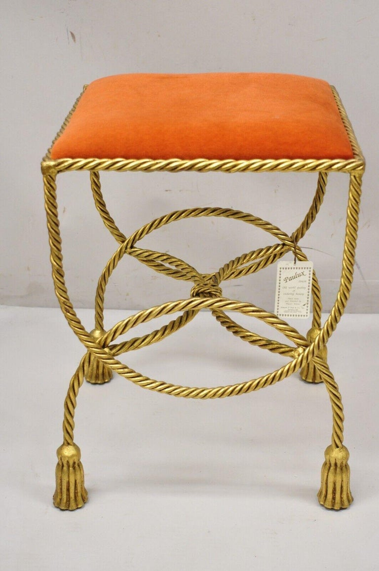 Vtg Italian Hollywood Regency Gold Gilt Iron Rope Tassel Vanity Bench