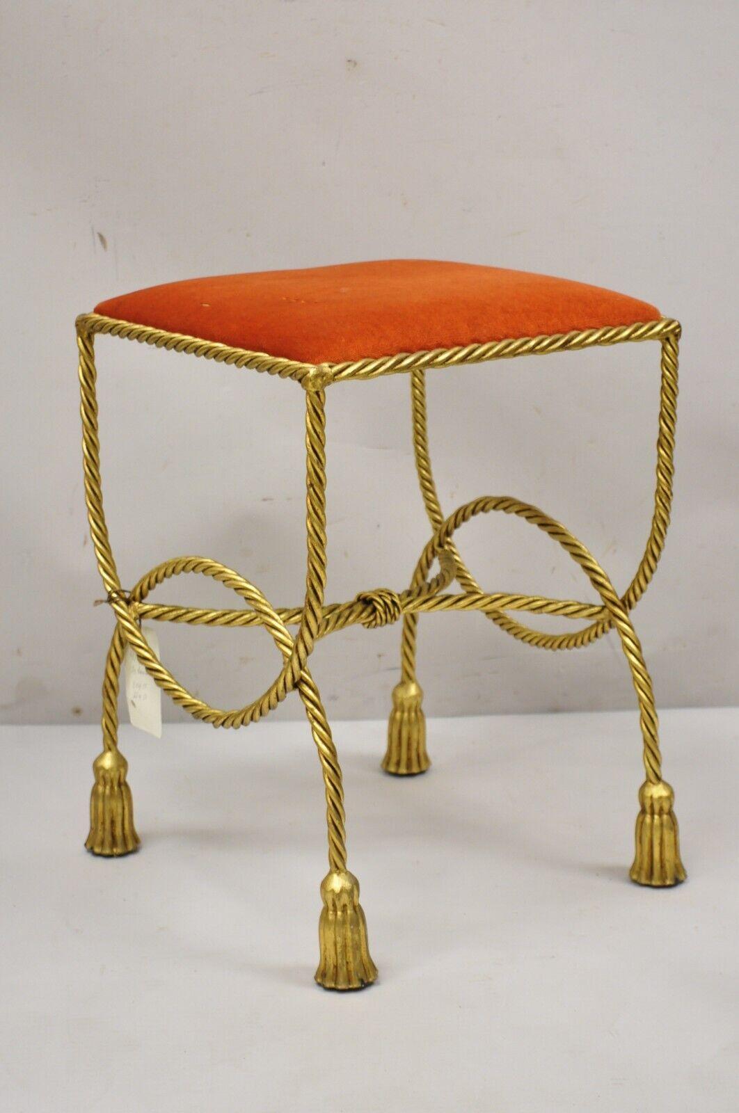 20th Century Vtg Italian Hollywood Regency Gold Gilt Iron Rope Tassel Vanity Bench Stool Seat