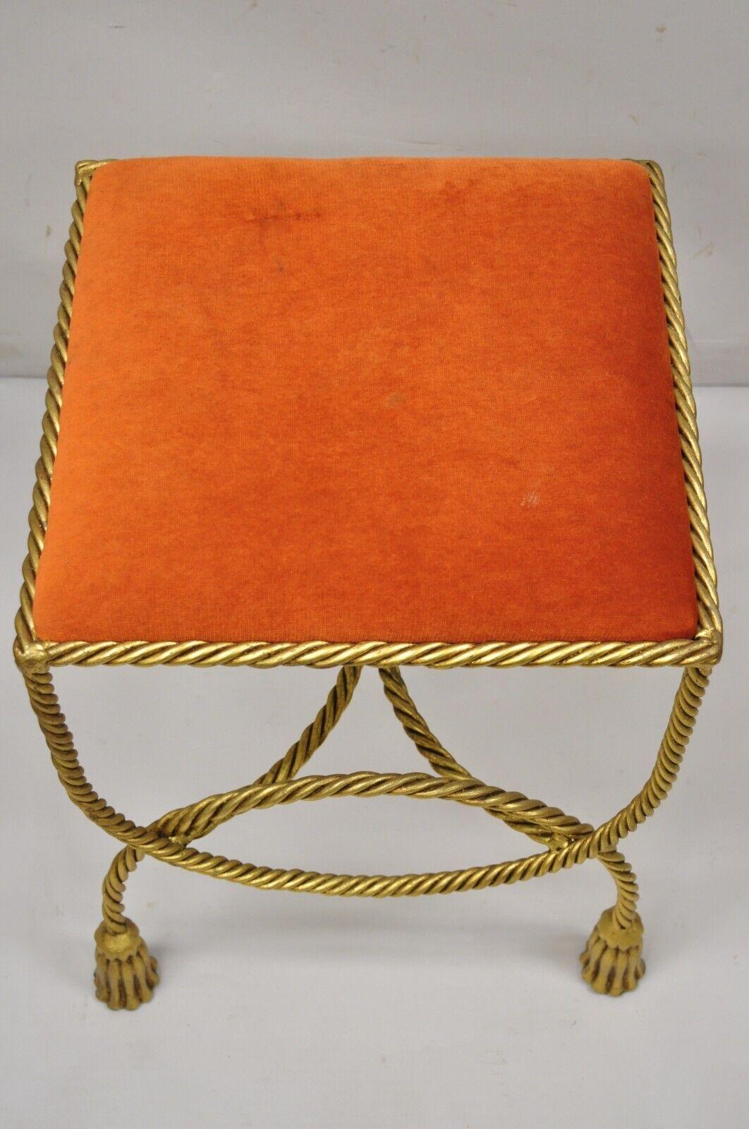 Vtg Italian Hollywood Regency Gold Gilt Iron Rope Tassel Vanity Bench Stool Seat 1