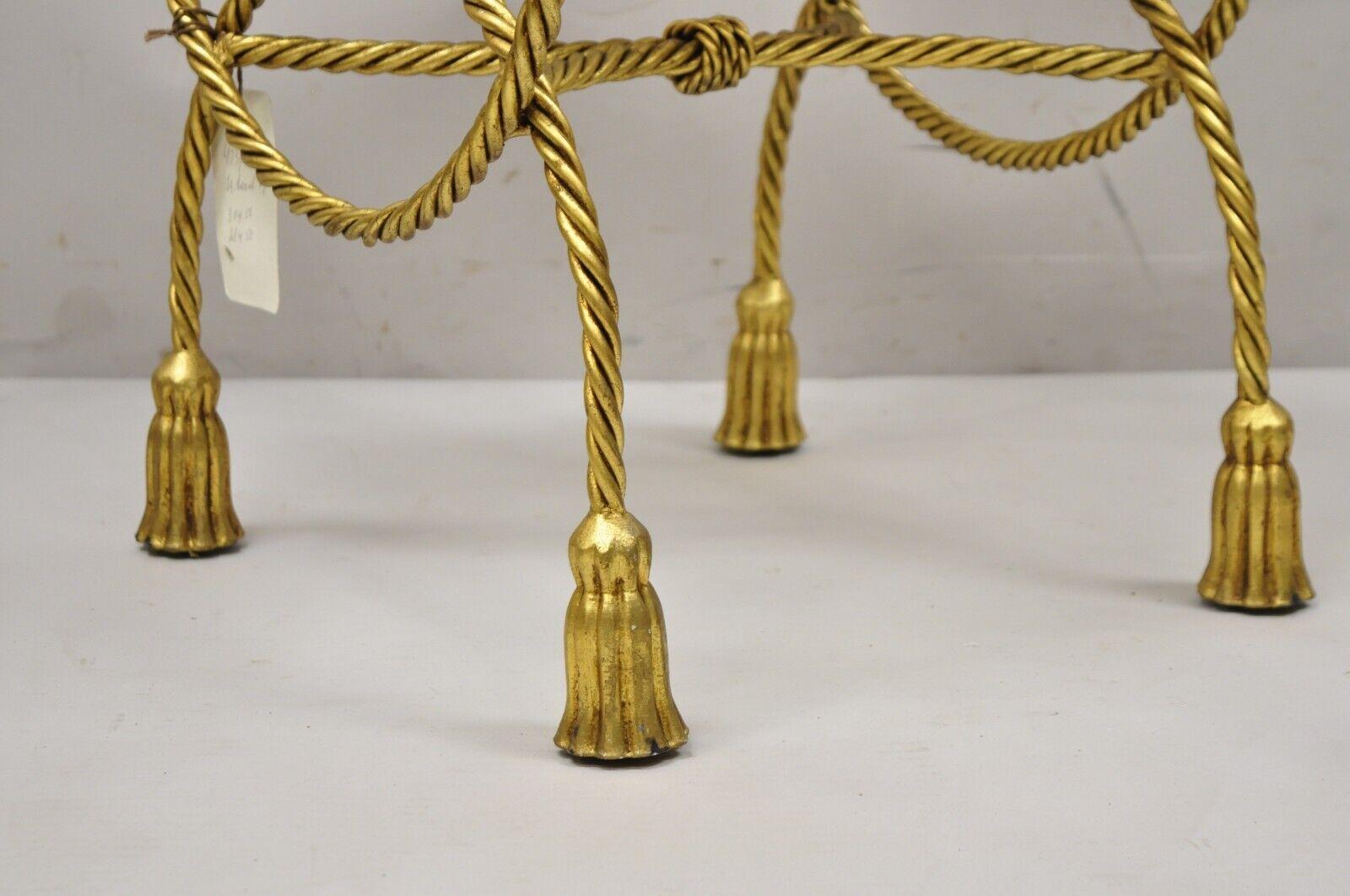 Vtg Italian Hollywood Regency Gold Gilt Iron Rope Tassel Vanity Bench Stool Seat 3