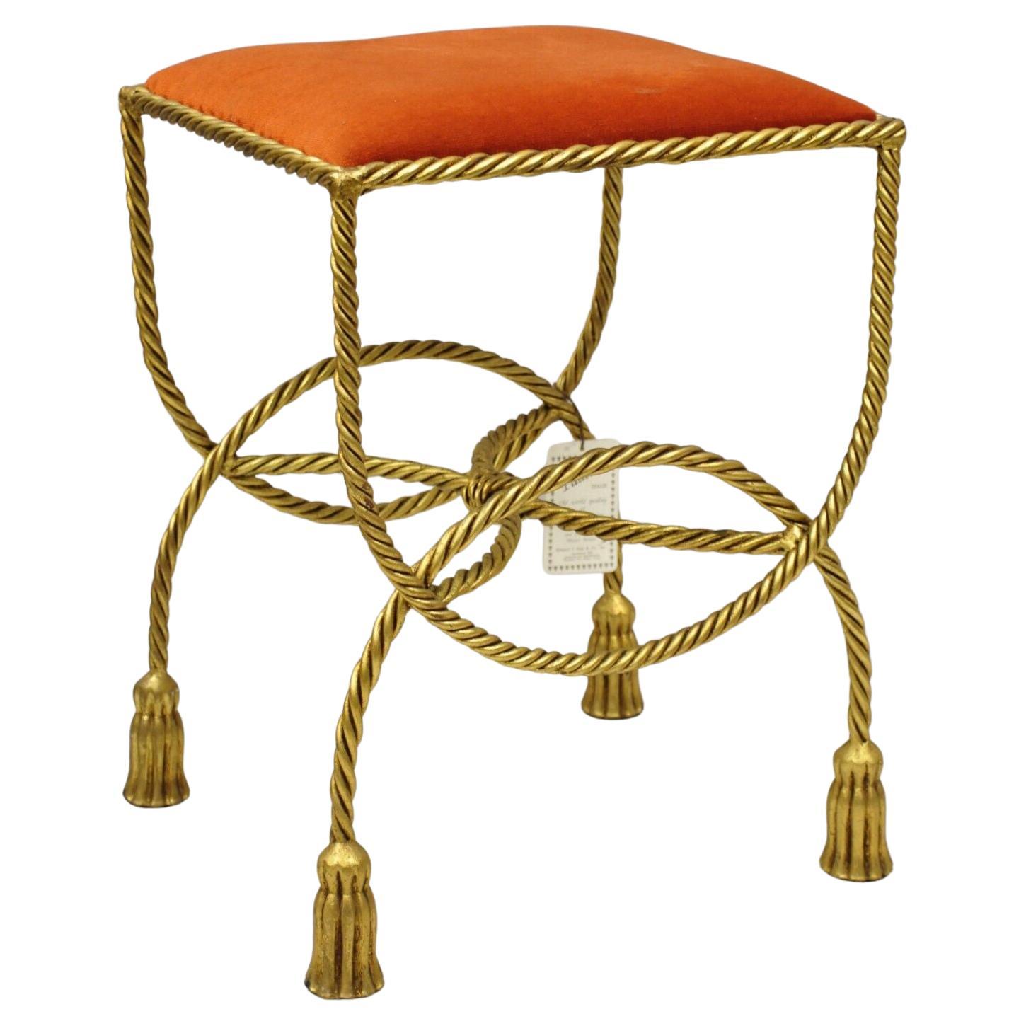 Vtg Italian Hollywood Regency Gold Gilt Iron Rope Tassel Vanity Bench Stool Seat