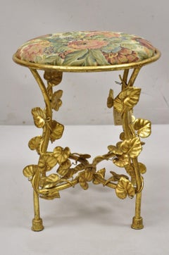 Vtg Italian Hollywood Regency Gold Gilt Leaf Accent Iron Vanity Bench Stool Seat