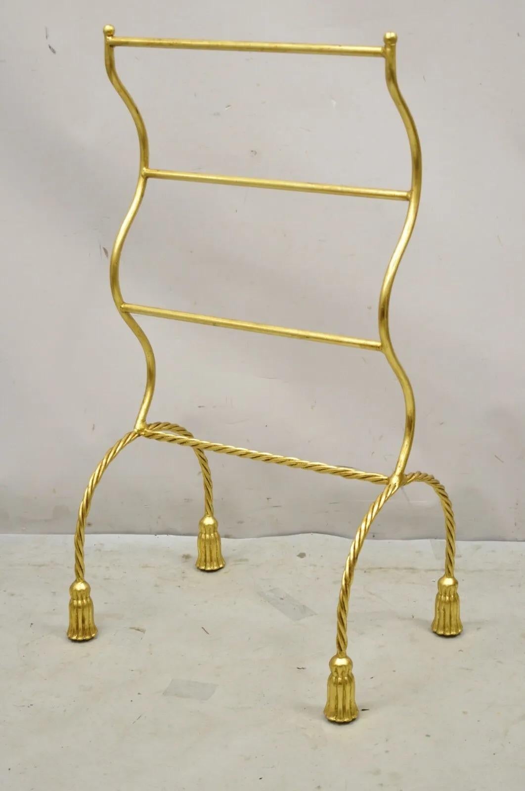 Vtg Italian Hollywood Regency Gold Gilt Metal Iron Towel Rack with Tassel Feet 5