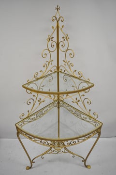 Italian Hollywood Regency Gold Iron Metal Corner Curio Display Shelf Stand