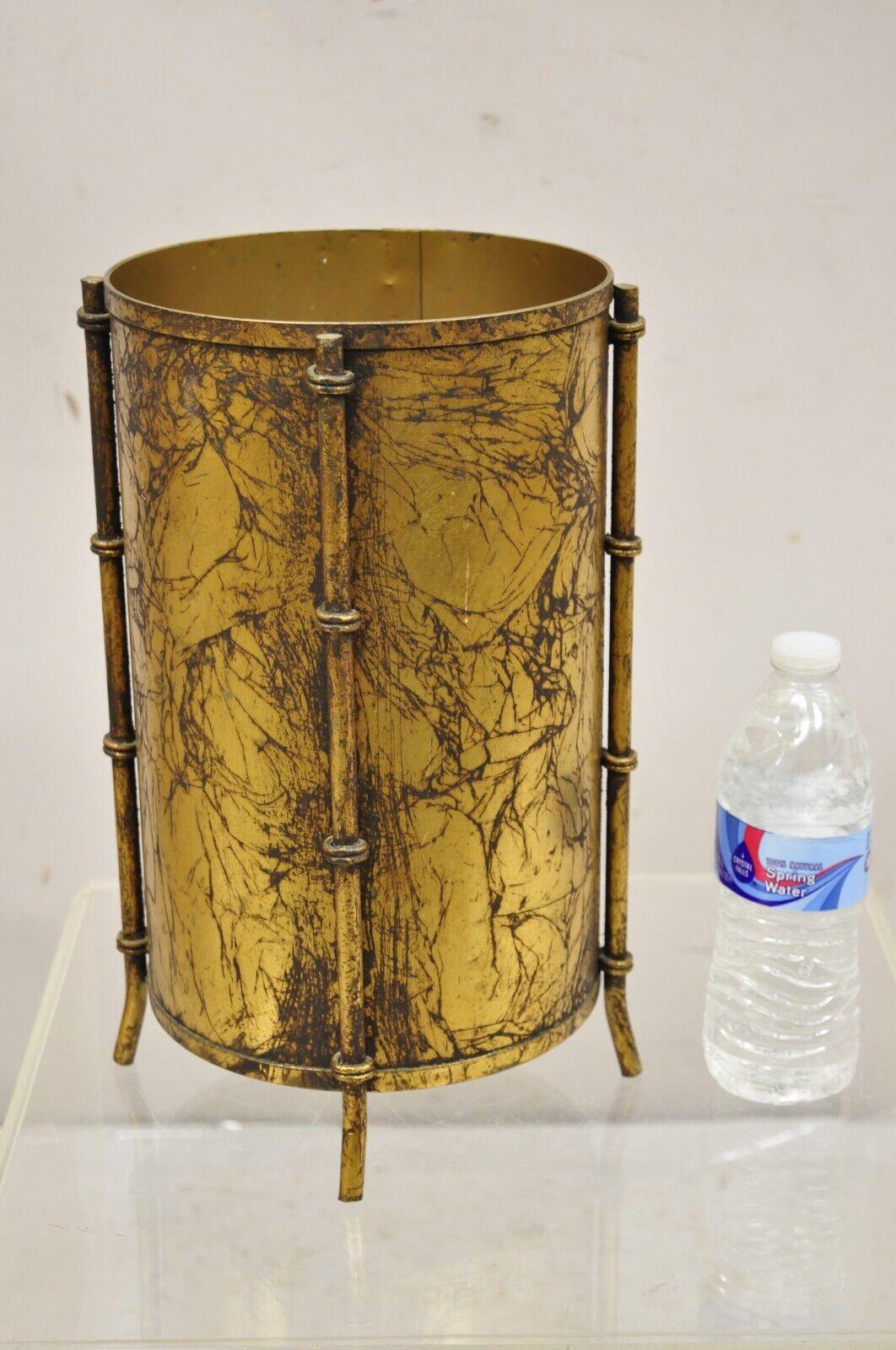Vtg Italian Hollywood Regency Gold Leaf Small Round Iron Wastebasket Trash Can 5