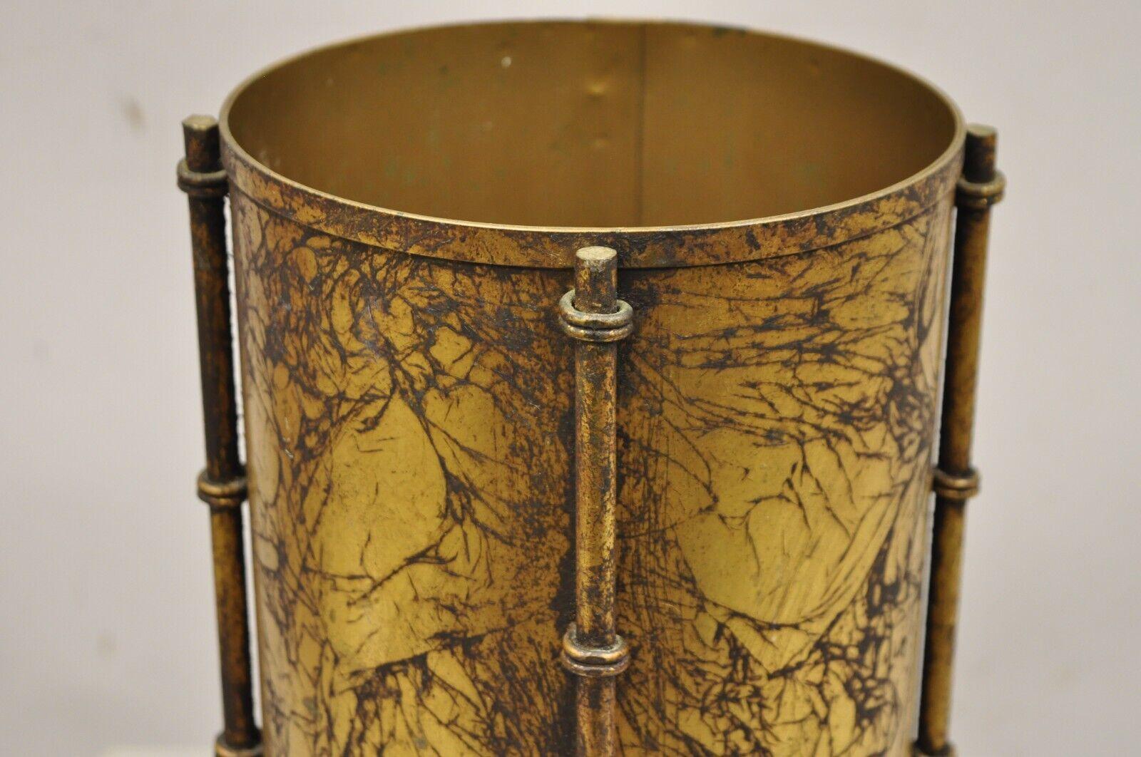 Vtg Italian Hollywood Regency Gold Leaf Small Round Iron Wastebasket Trash Can 7