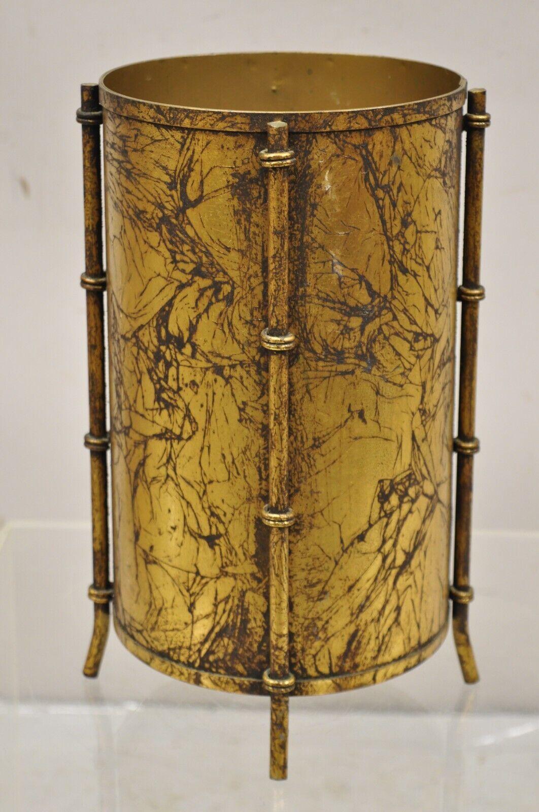 Vtg Italian Hollywood Regency Gold Leaf Small Round Iron Wastebasket Trash Can 7