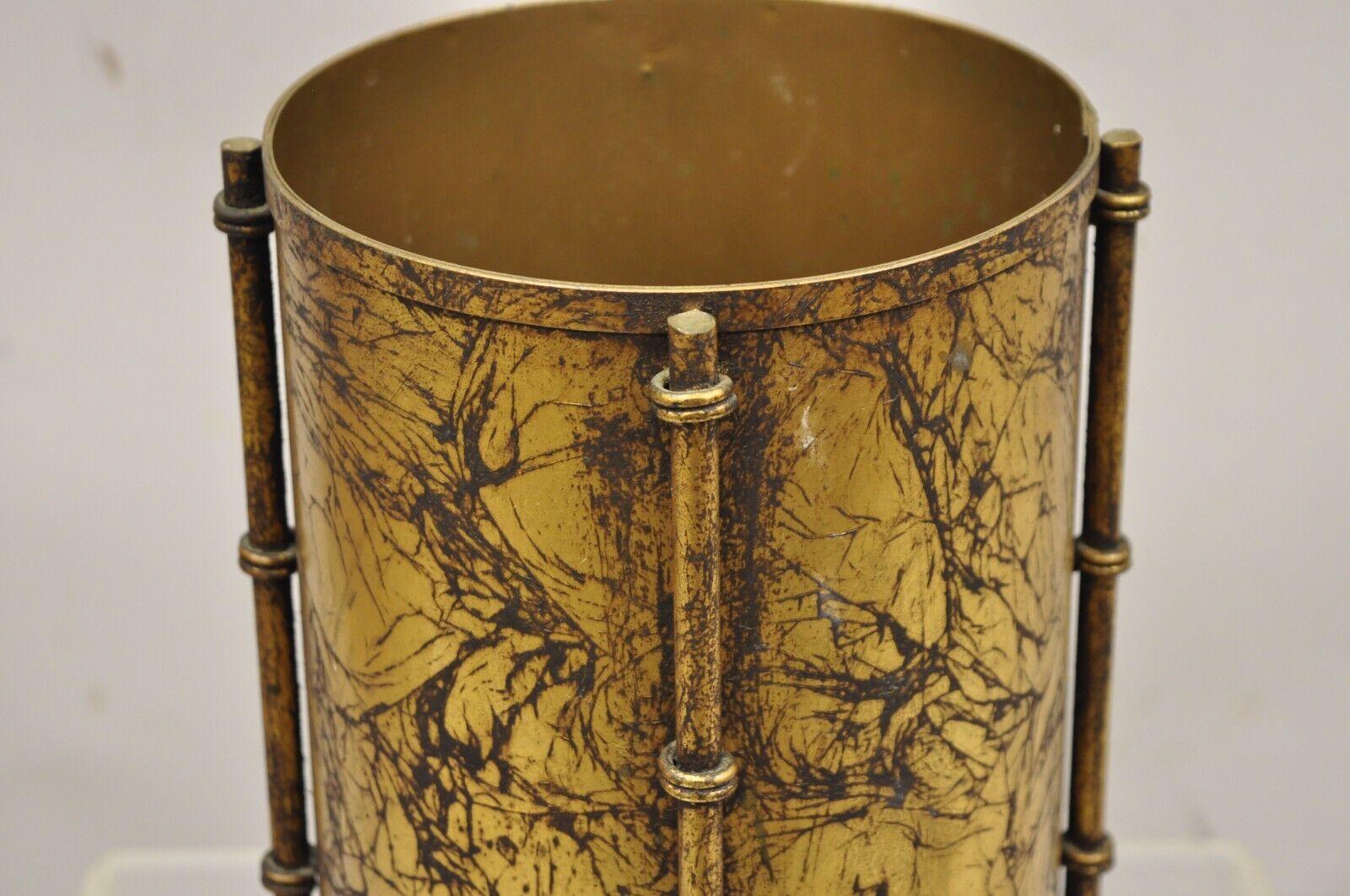 Vtg Italian Hollywood Regency Gold Leaf Small Round Iron Wastebasket Trash Can In Good Condition In Philadelphia, PA