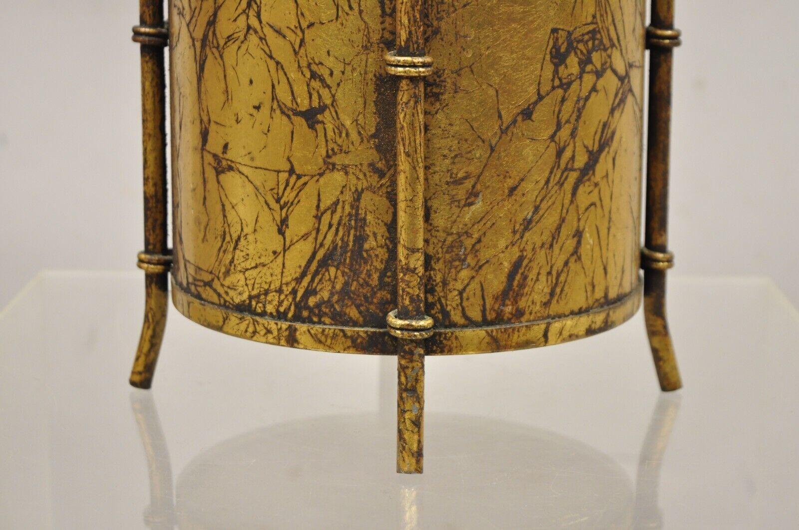 Vtg Italian Hollywood Regency Gold Leaf Small Round Iron Wastebasket Trash Can In Good Condition In Philadelphia, PA