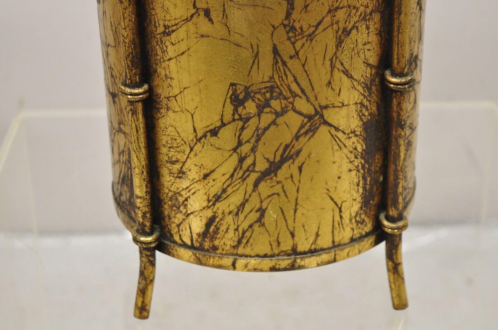 20th Century Vtg Italian Hollywood Regency Gold Leaf Small Round Iron Wastebasket Trash Can