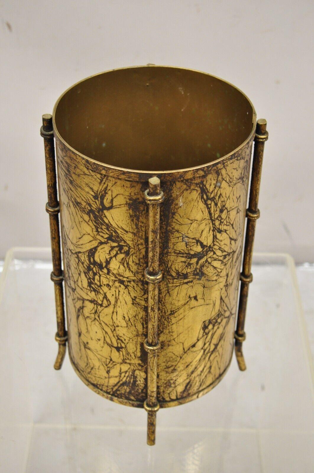 Vtg Italian Hollywood Regency Gold Leaf Small Round Iron Wastebasket Trash Can 2