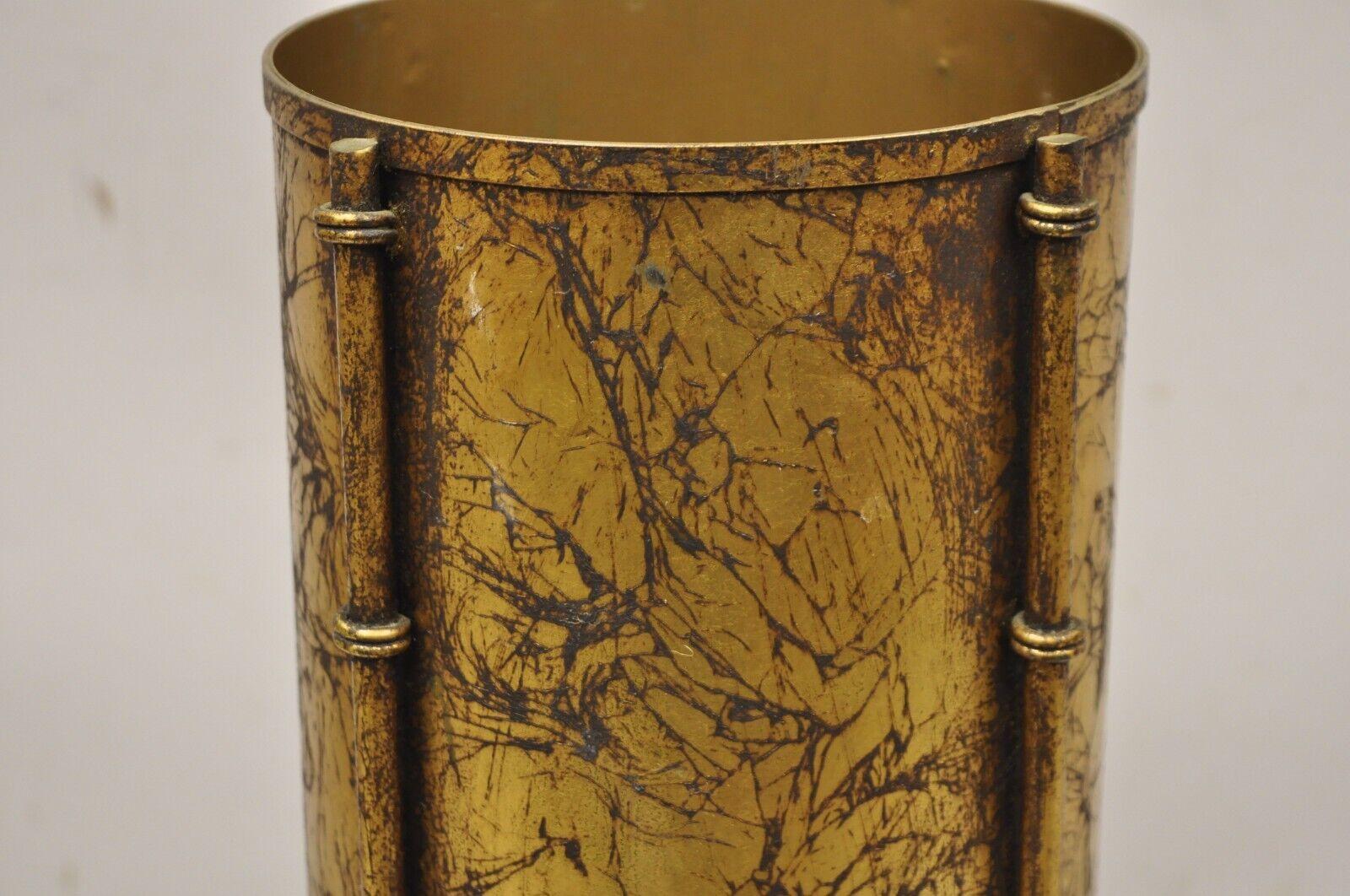 Vtg Italian Hollywood Regency Gold Leaf Small Round Iron Wastebasket Trash Can 3