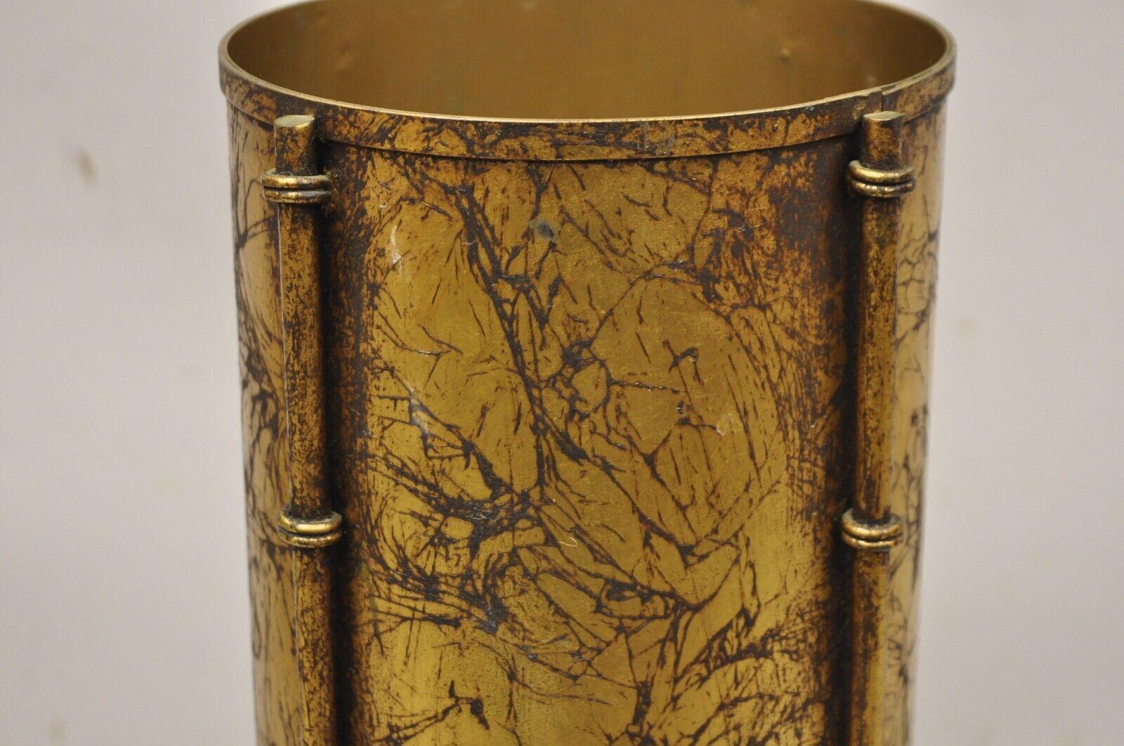 Vtg Italian Hollywood Regency Gold Leaf Small Round Iron Wastebasket Trash Can 4