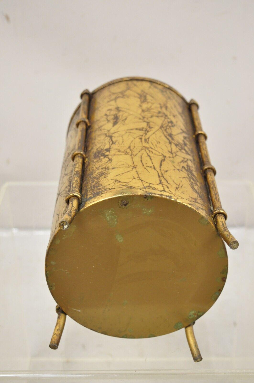Vtg Italian Hollywood Regency Gold Leaf Small Round Iron Wastebasket Trash Can 4