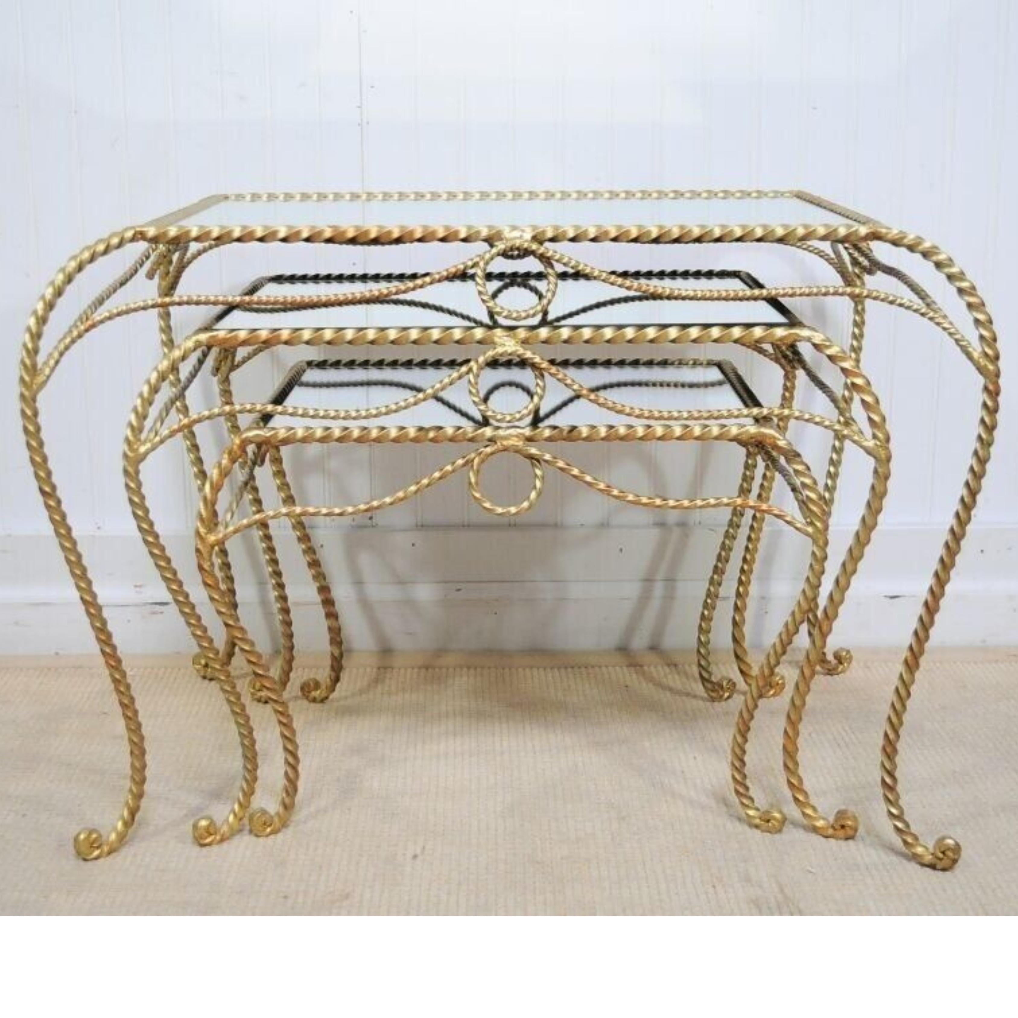 Vtg Italian Hollywood Regency Gold Nesting Rope Mirror Tole End Tables Set of 3 For Sale 5