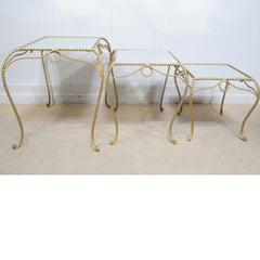 Vtg Italian Hollywood Regency Gold Nesting Rope Mirror Tole End Tables Set of 3