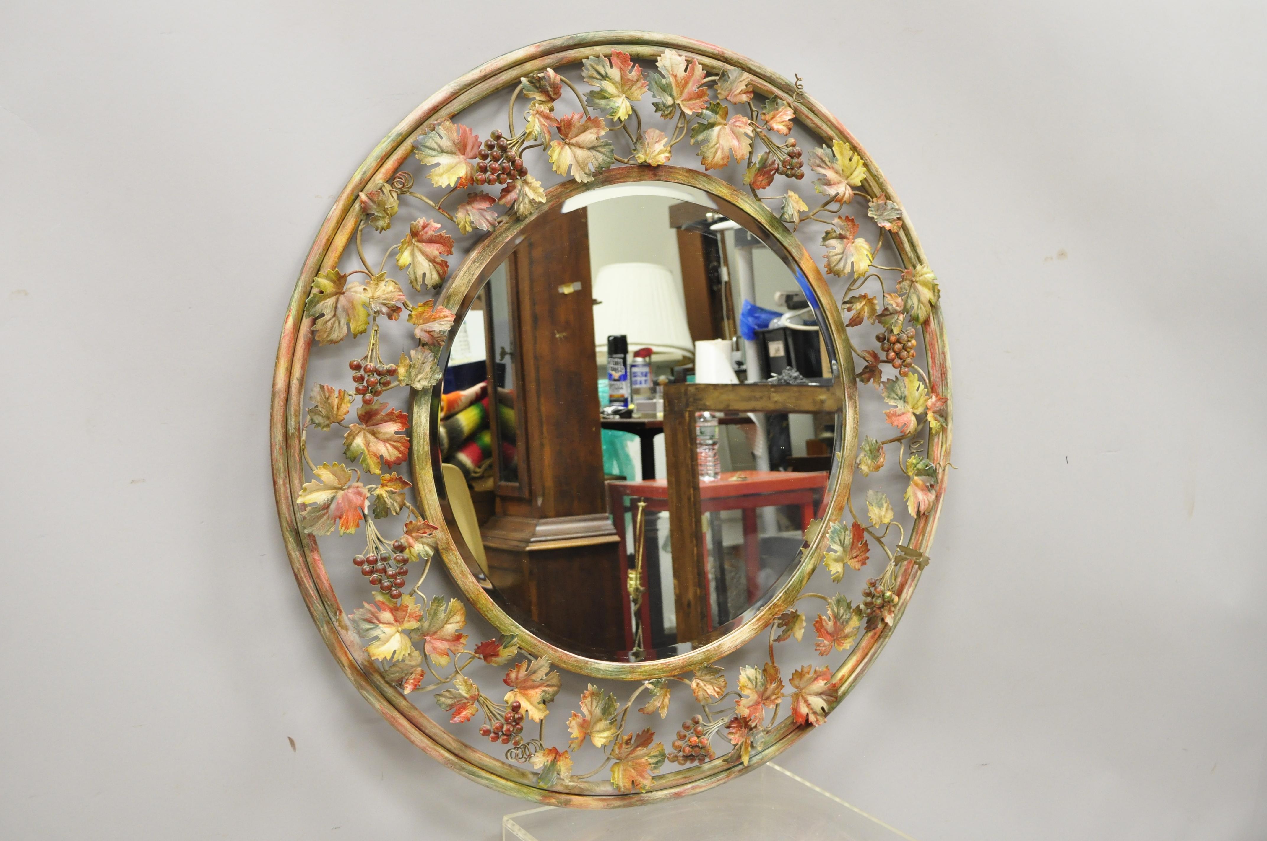 Vintage Italian Hollywood Regency Grapevine Maple Leaf Round Glass Wall Mirror For Sale 6