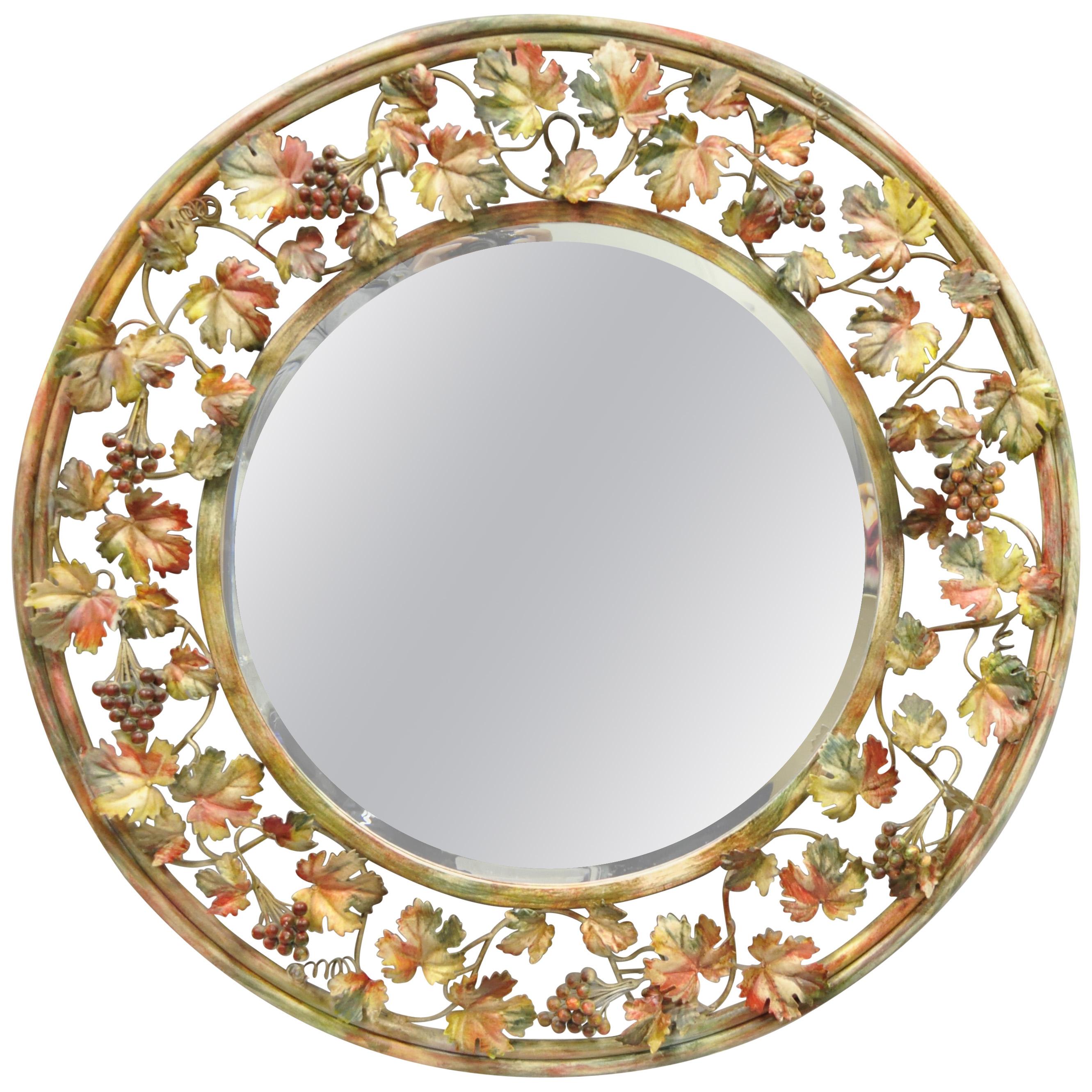 Vintage Italian Hollywood Regency Grapevine Maple Leaf Round Glass Wall Mirror For Sale