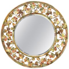 Vintage Italian Hollywood Regency Grapevine Maple Leaf Round Glass Wall Mirror