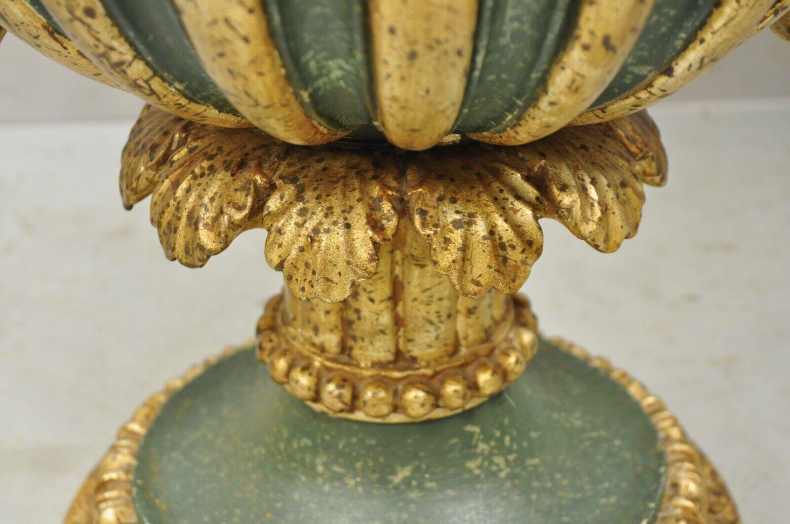 20th Century Vtg Italian Hollywood Regency Green and Gold Large Carved Wood Urn Planter Pot