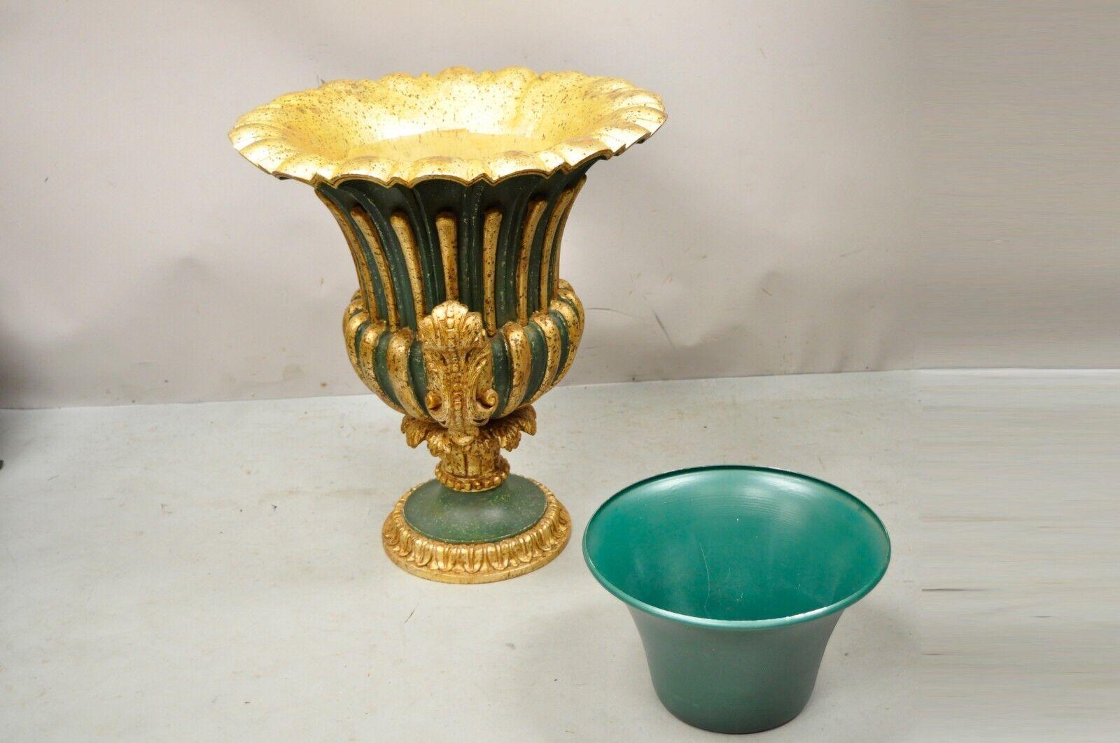 Vtg Italian Hollywood Regency Green and Gold Large Carved Wood Urn Planter Pot 1
