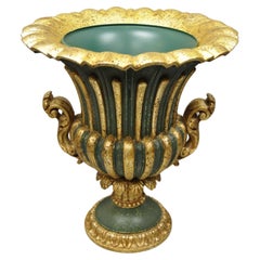 Vtg Italian Hollywood Regency Green and Gold Large Carved Wood Urn Planter Pot