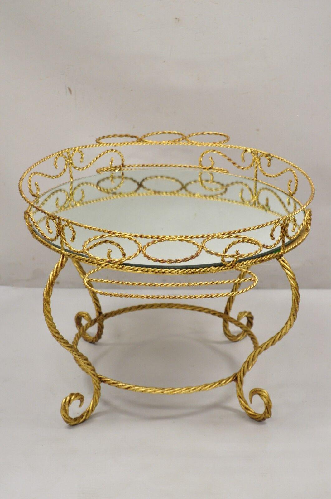 Vtg Italian Hollywood Regency Iron Gold Rope Bar Coffee Table Round Mirror Top For Sale 5