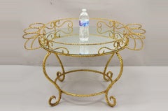 Vtg Italian Hollywood Regency Iron Gold Rope Bar Coffee Table Round Mirror Top