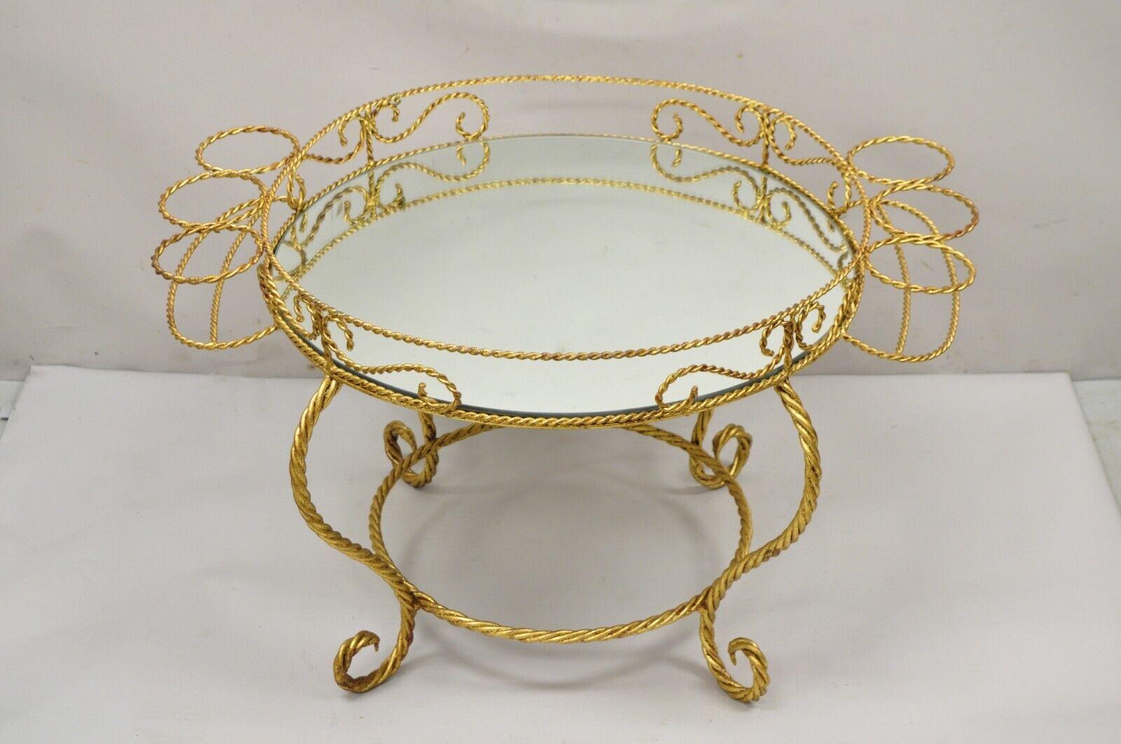 Vtg Italian Hollywood Regency Iron Gold Rope Bar Coffee Table Round Mirror Top In Good Condition For Sale In Philadelphia, PA