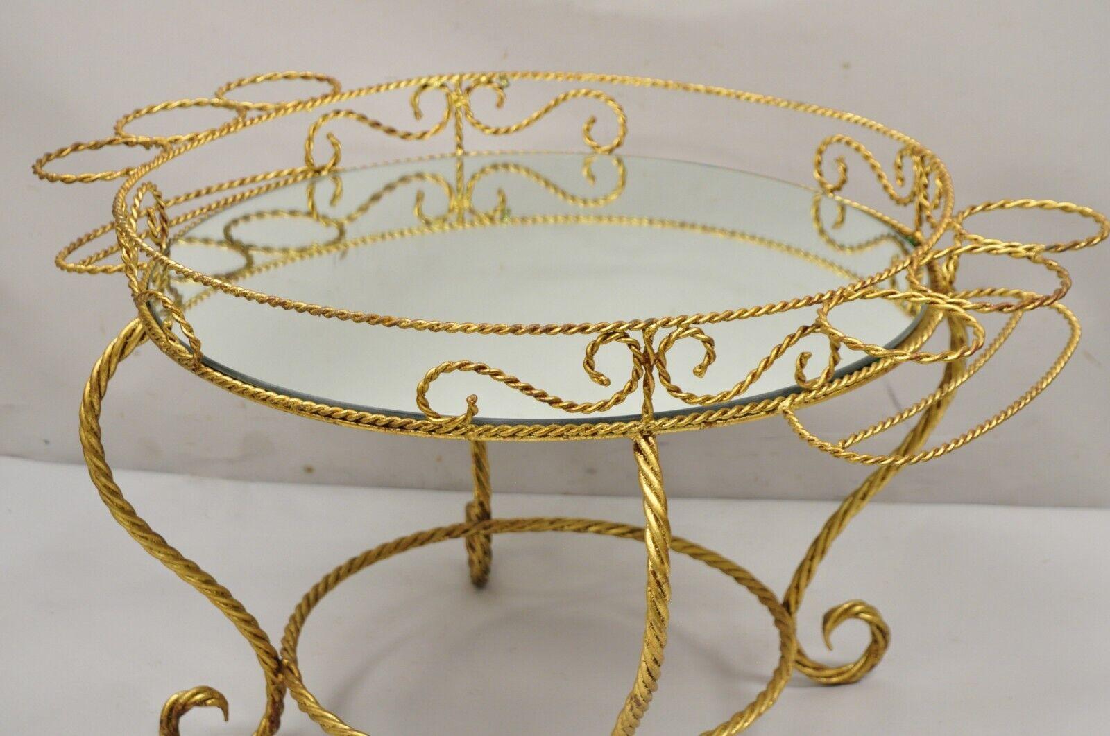 20th Century Vtg Italian Hollywood Regency Iron Gold Rope Bar Coffee Table Round Mirror Top For Sale
