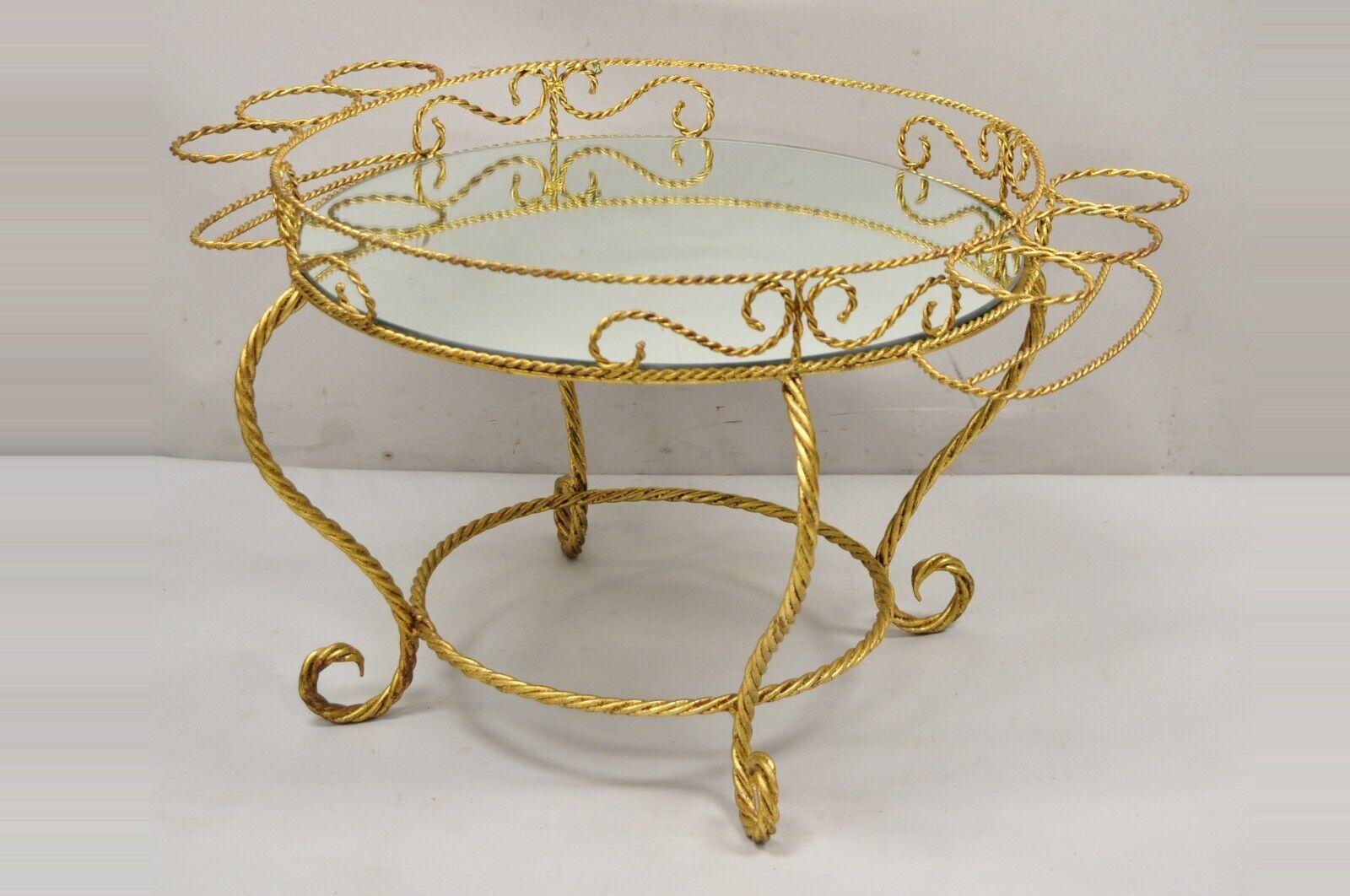 Vtg Italian Hollywood Regency Iron Gold Rope Bar Coffee Table Round Mirror Top For Sale 4