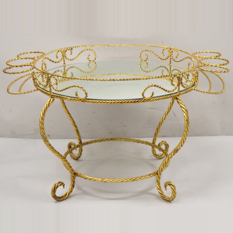 Vtg Italian Hollywood Regency Iron Gold Rope Bar Coffee Table Round