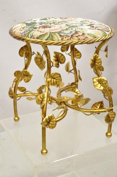 Vtg Italian Hollywood Regency Iron Metal Rope Gold Leaf Floral Seat Vanity Bench