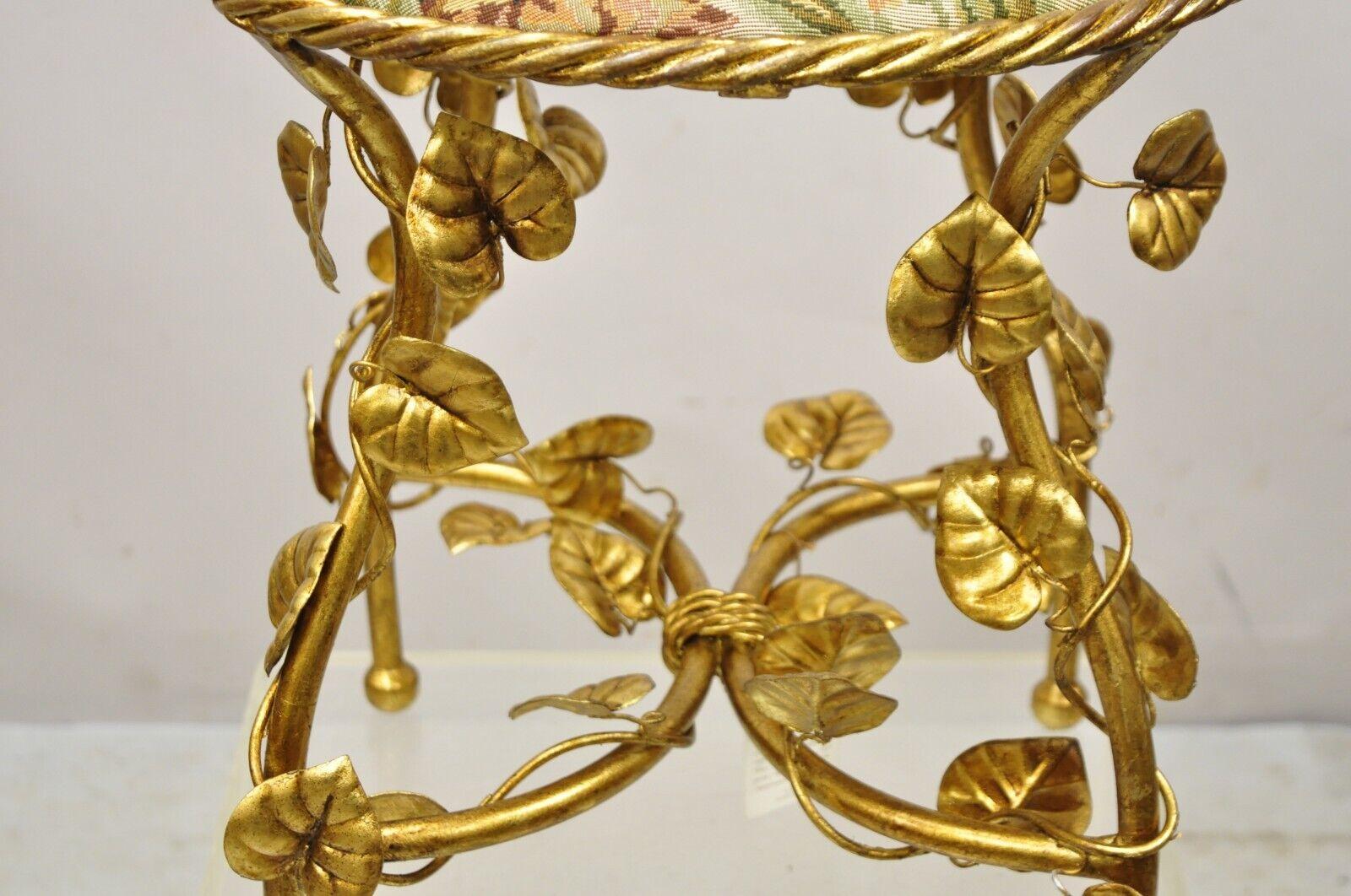 20th Century Vtg Italian Hollywood Regency Iron Metal Rope Gold Leaf Floral Seat Vanity Bench