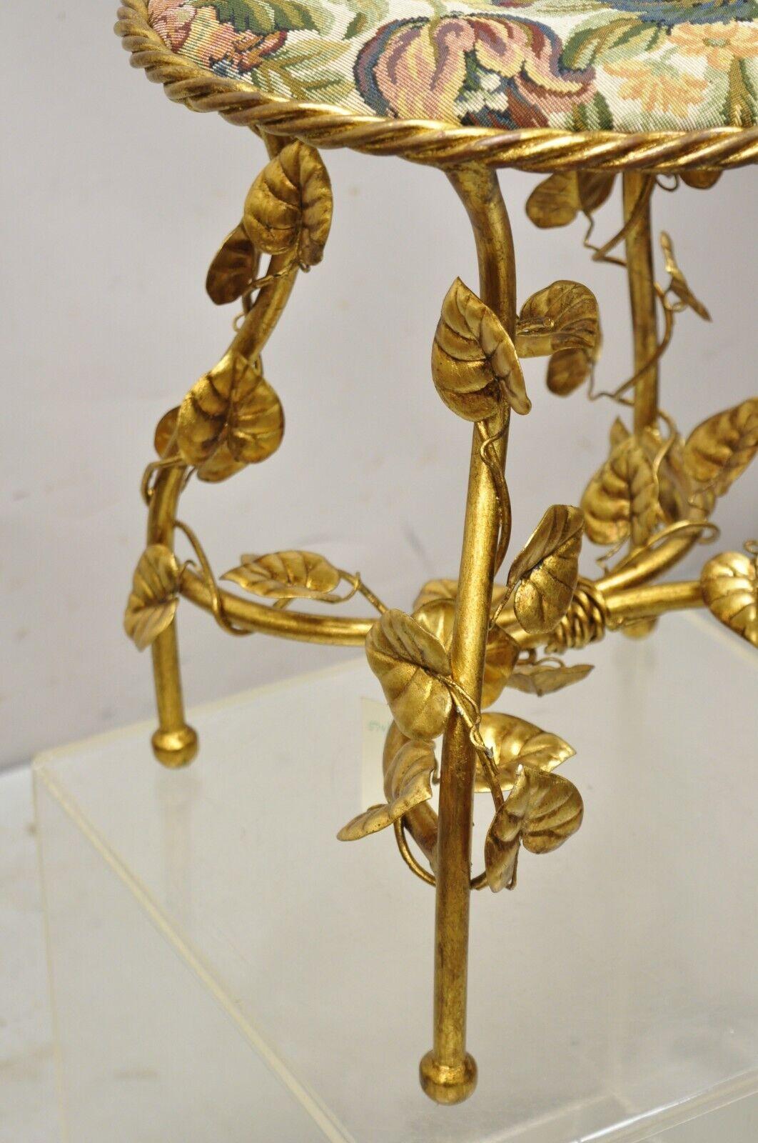 Vtg Italian Hollywood Regency Iron Metal Rope Gold Leaf Floral Seat Vanity Bench 2