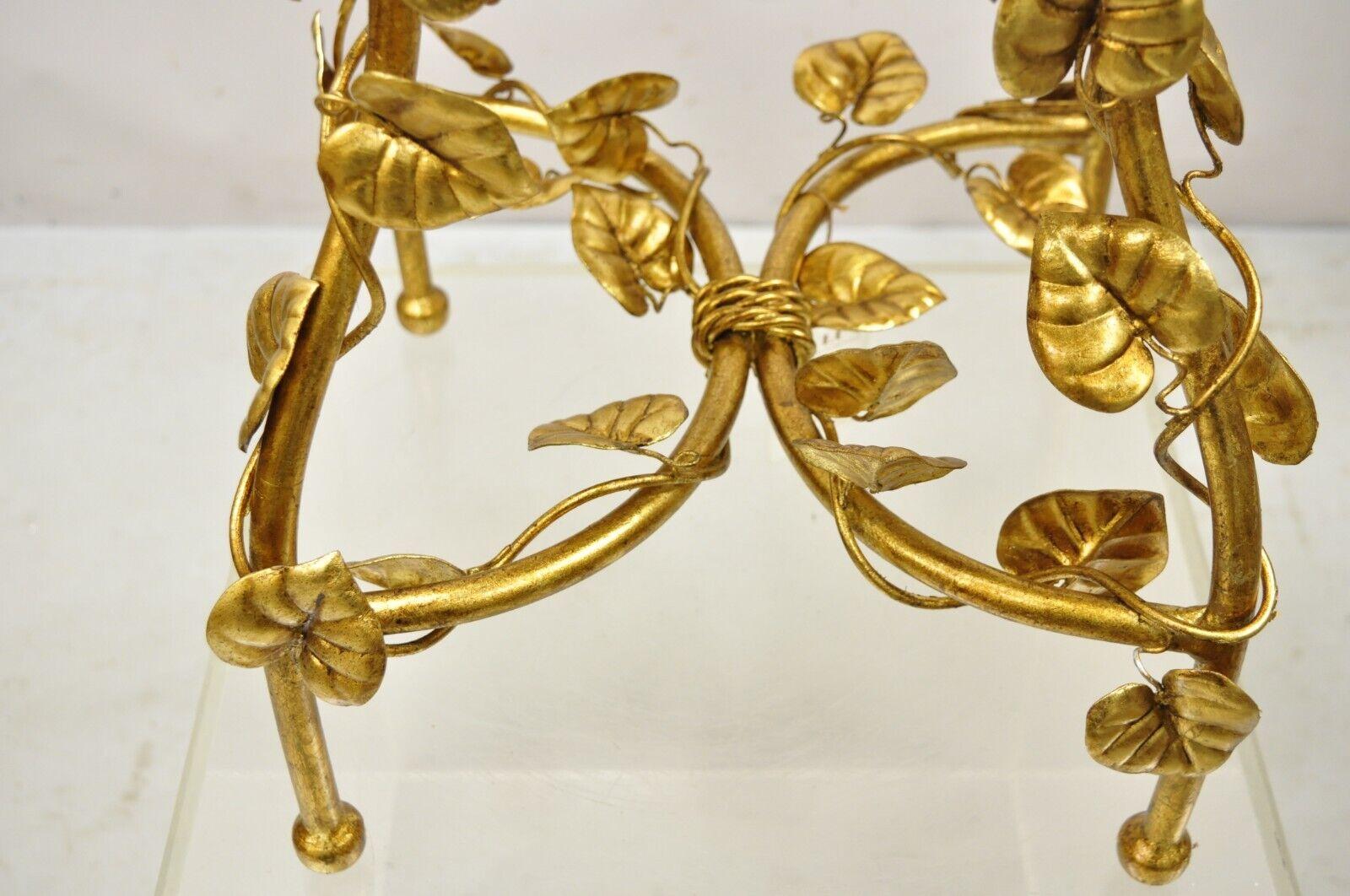 Vtg Italian Hollywood Regency Iron Metal Rope Gold Leaf Floral Seat Vanity Bench 3