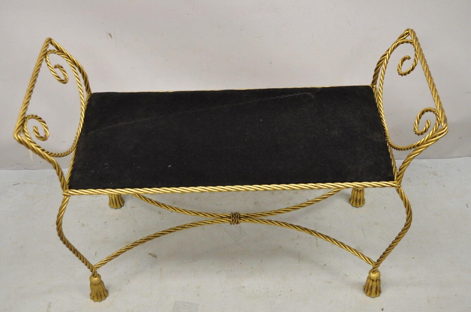 Vtg Italian Hollywood Regency Iron Rope & Tassel Gold Gilt Leaf Bench Black Seat In Good Condition In Philadelphia, PA