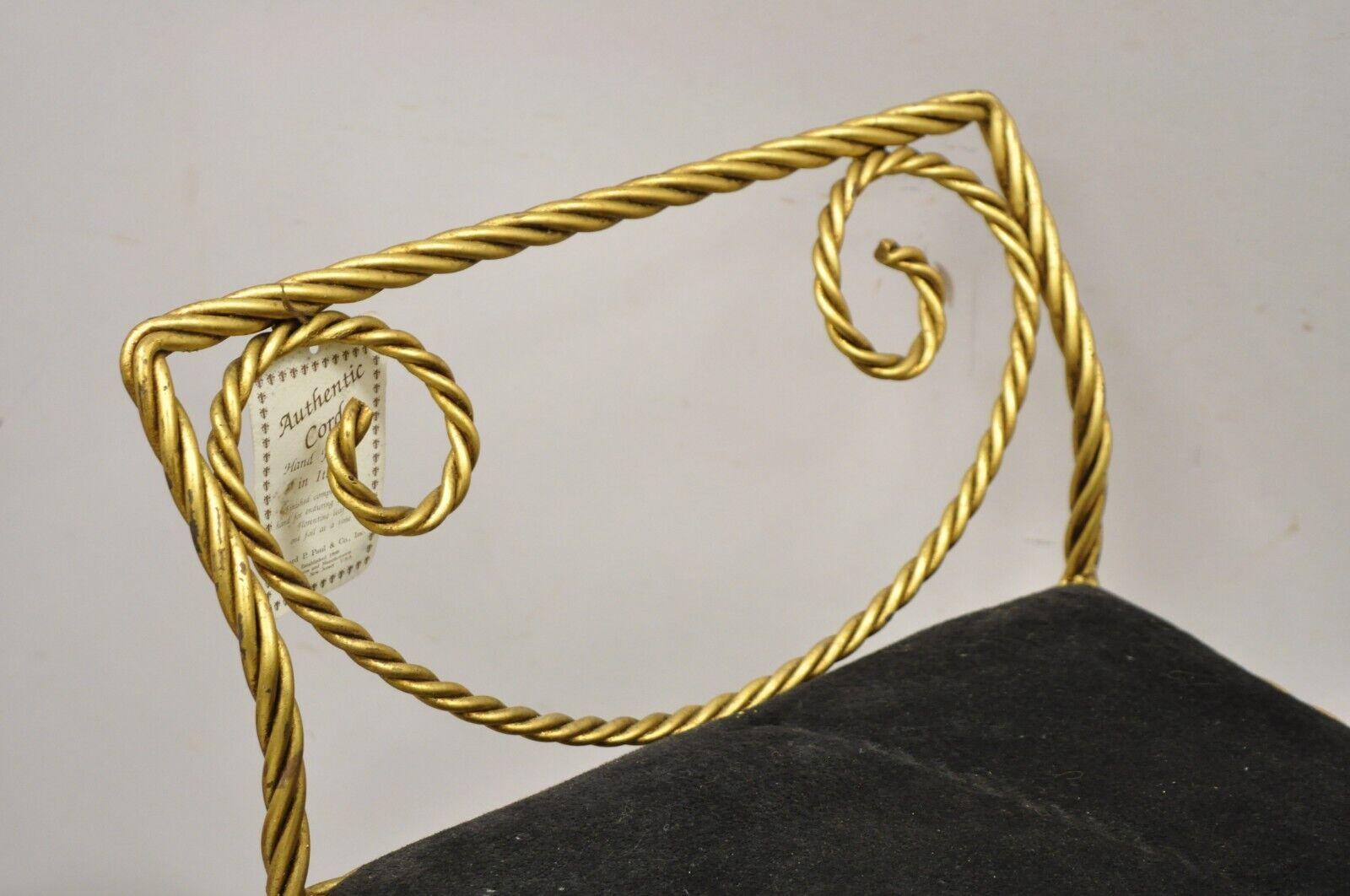 20th Century Vtg Italian Hollywood Regency Iron Rope & Tassel Gold Gilt Leaf Bench Black Seat