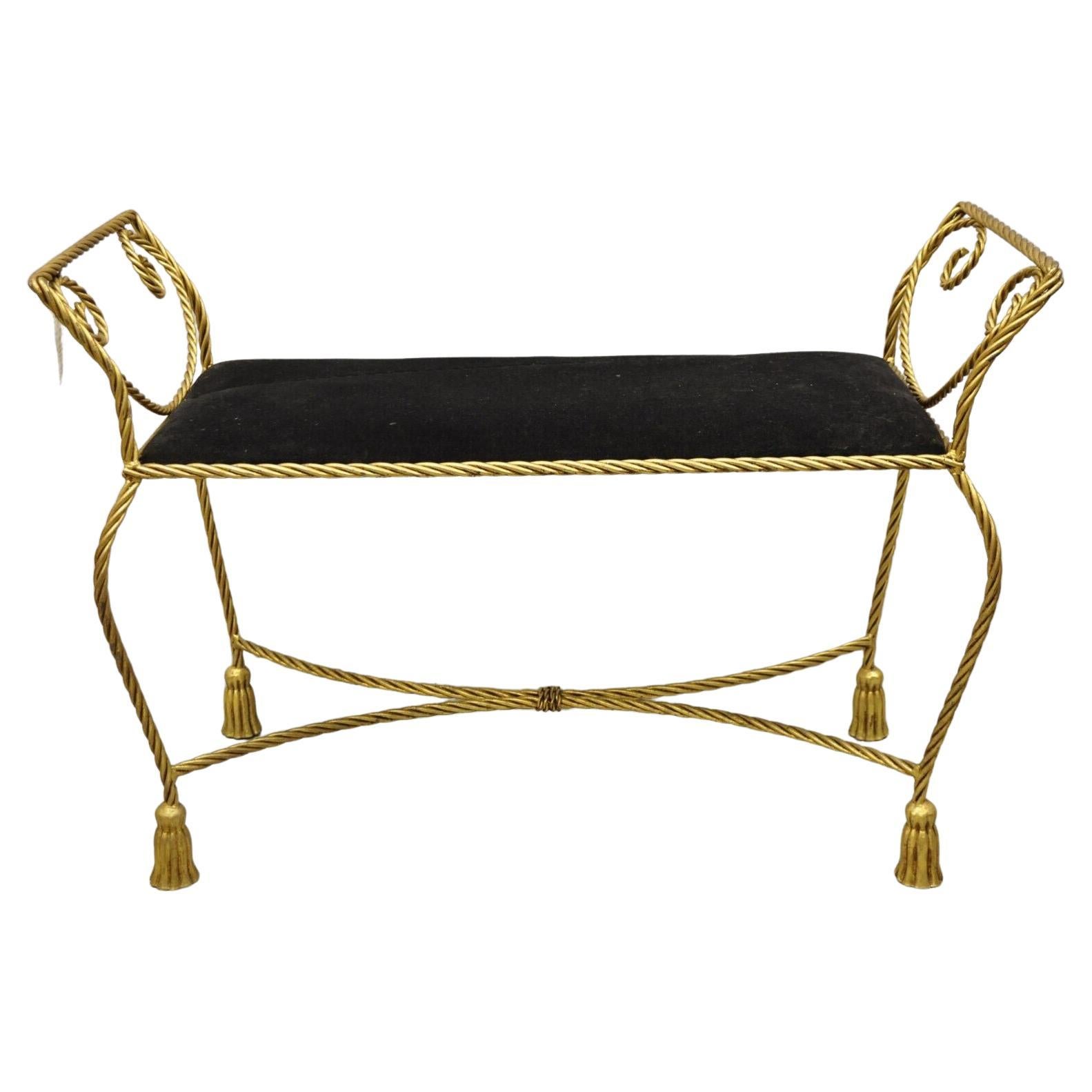 Vtg Italian Hollywood Regency Iron Rope & Tassel Gold Gilt Leaf Bench Black Seat