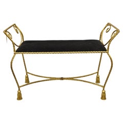 Vtg Italian Hollywood Regency Iron Rope & Tassel Gold Gilt Leaf Bench Black Seat