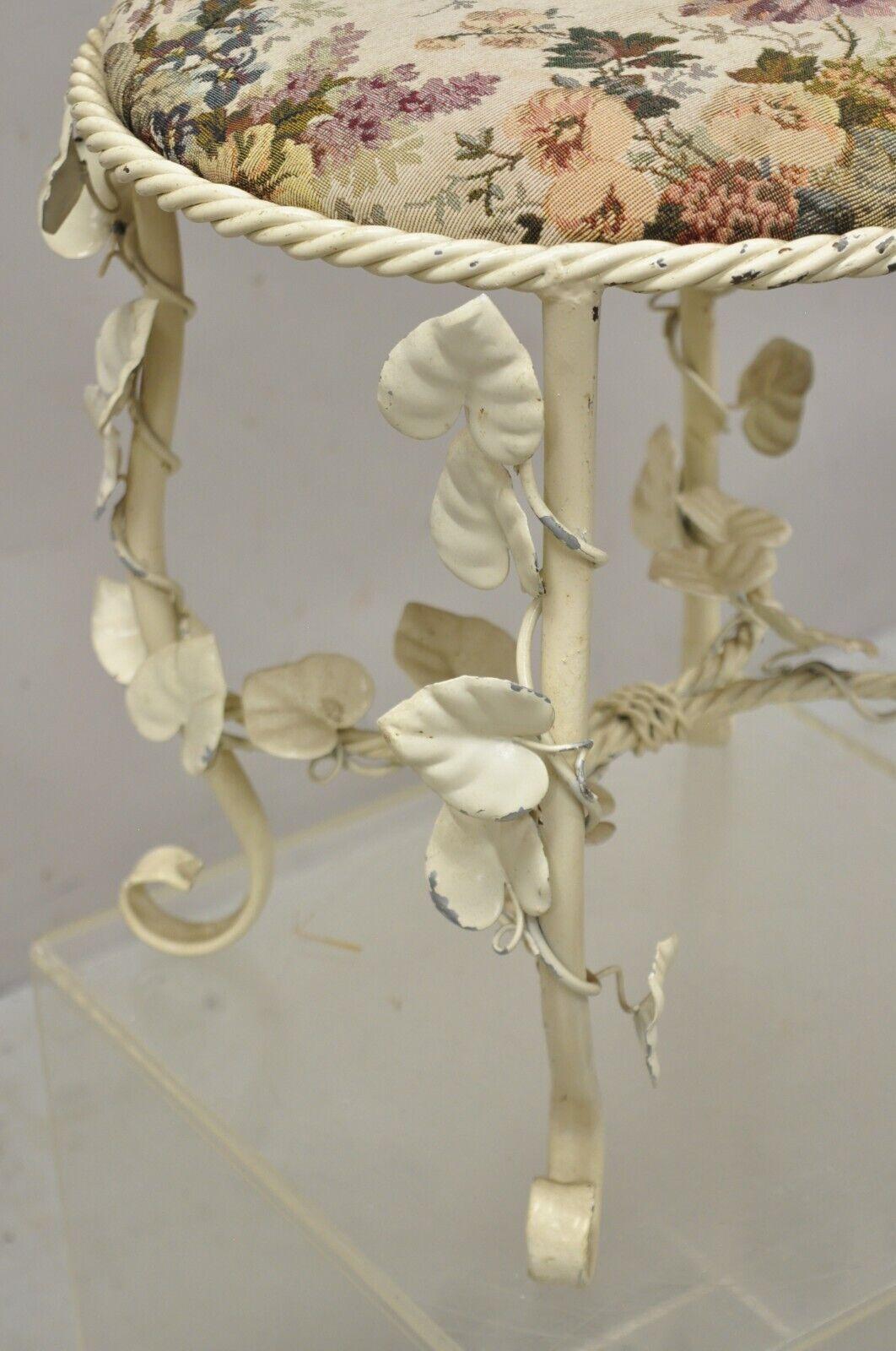 Vtg Italian Hollywood Regency Metal Floral White Rope Form Vintage Bench Stool For Sale 6