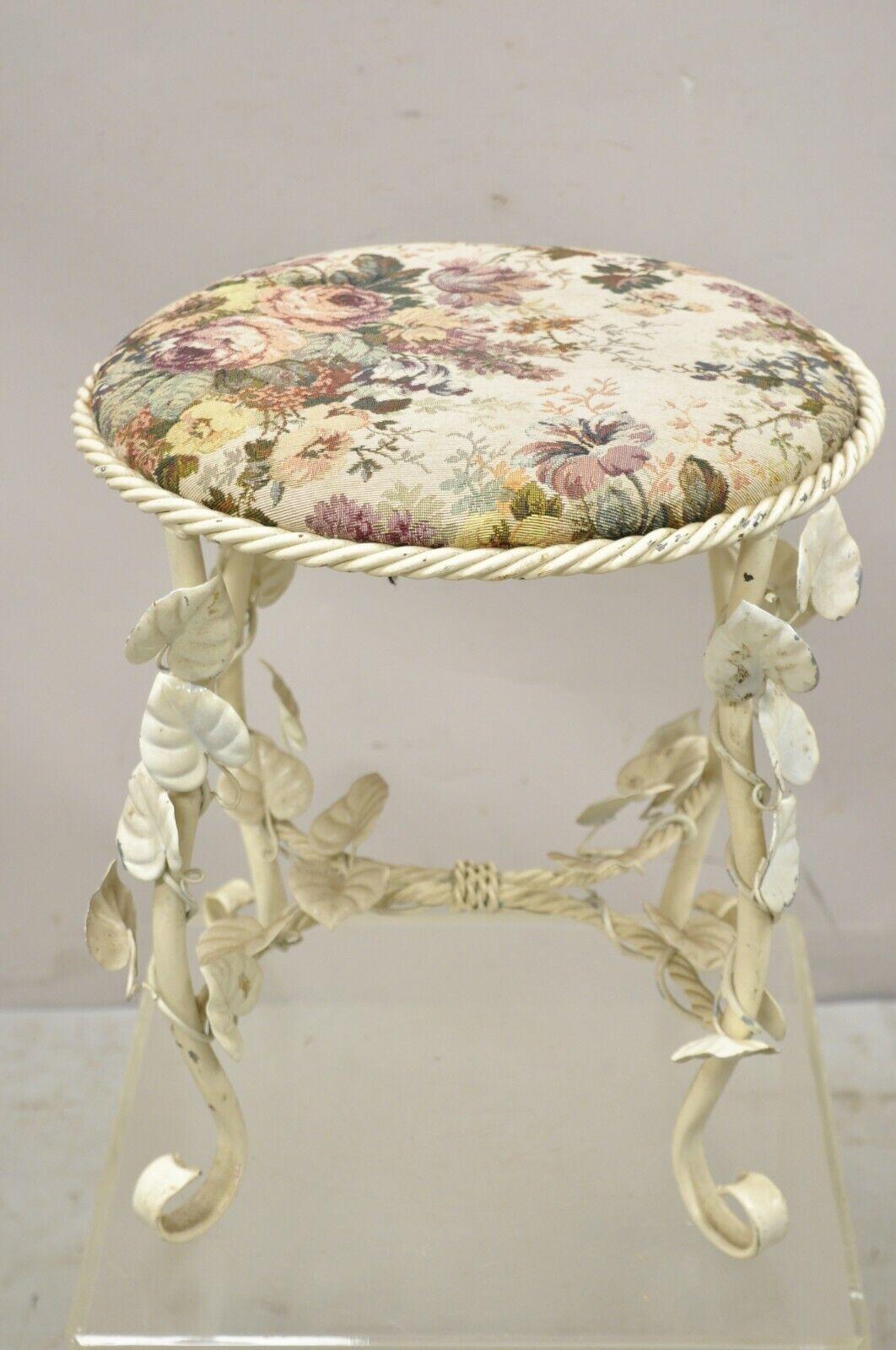 Vintage Italian Hollywood Regency Metal Floral White Rope Form Vintage Bench Stool. Item features Rope form metal frame, floral accents, stretcher base, upholstered round seat, very nice vintage item, great style and form, circa Mid to Late 20th