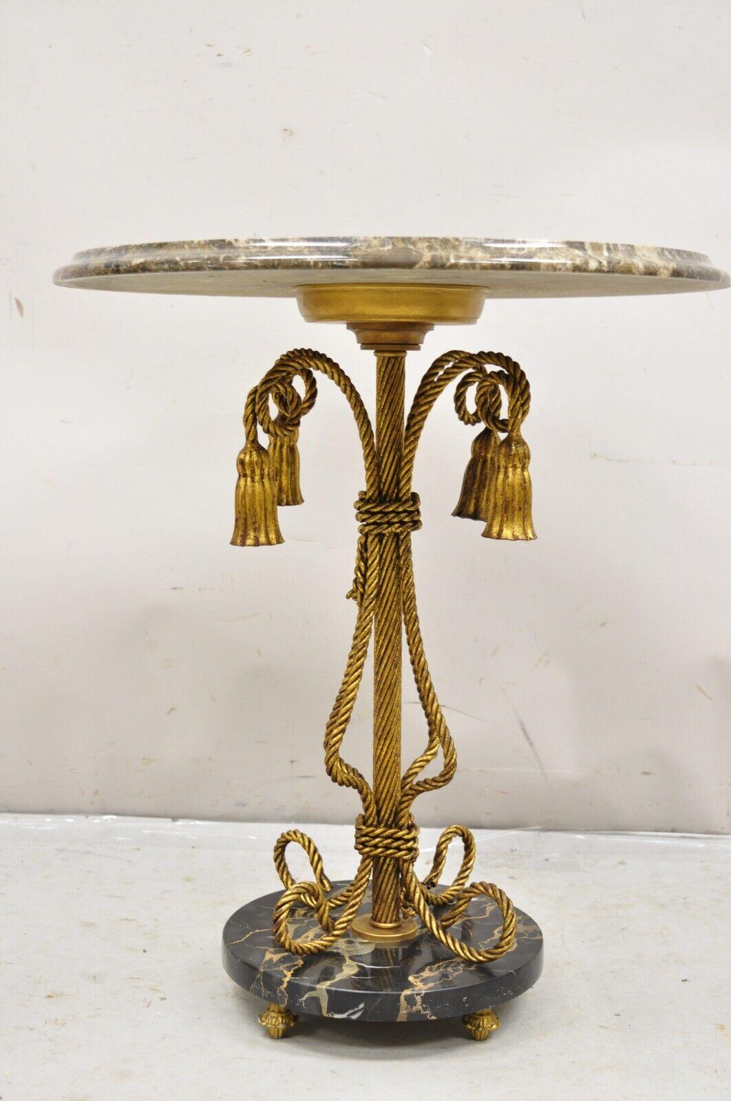 Vtg Italian Hollywood Regency Tassel Gold Iron Round Marble Top Small Side Table 6