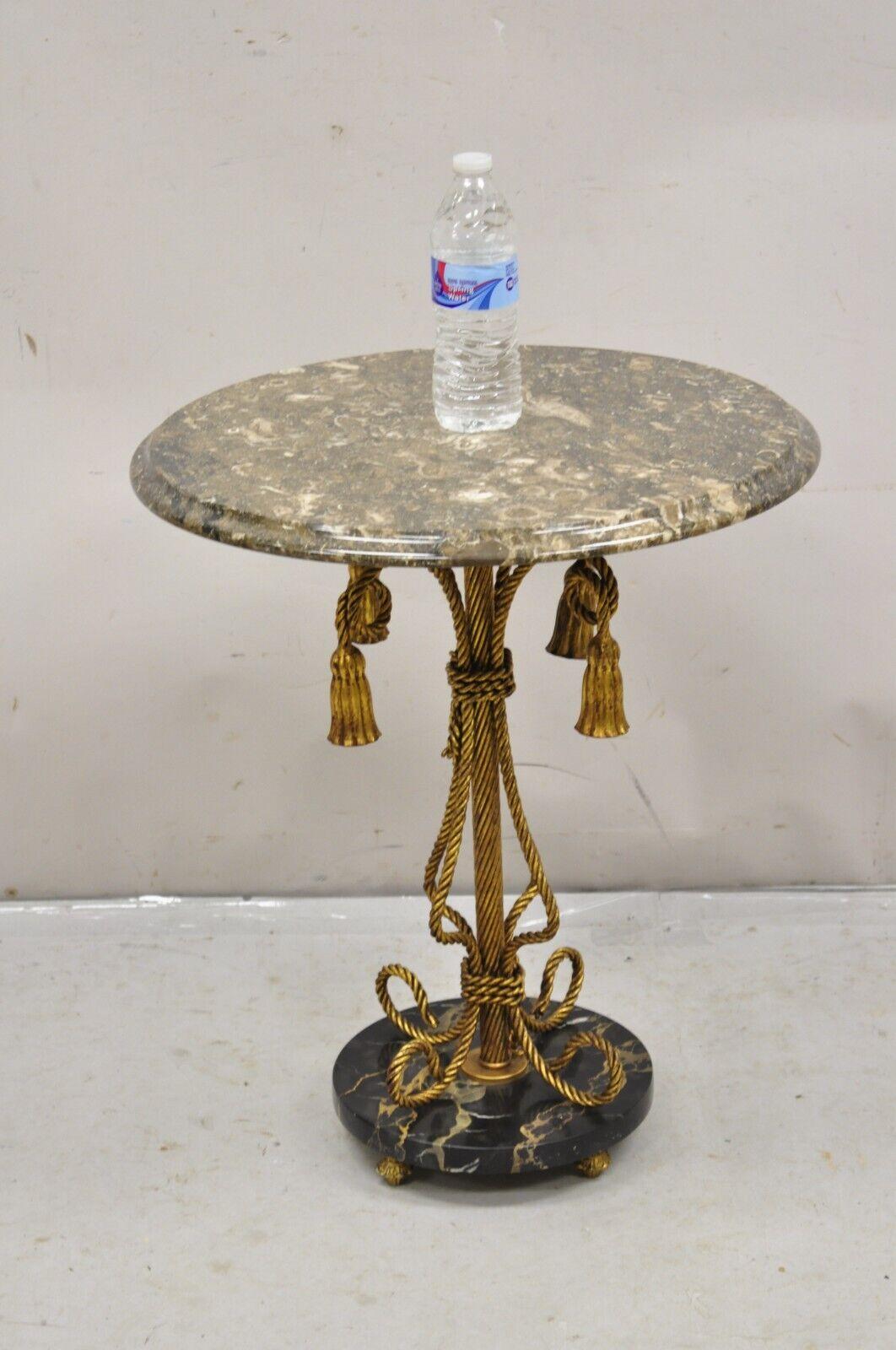 Vintage Italian Hollywood Regency Tassel Gold Iron Round Marble Top Small Side Table. Circa 1960s. Measurements: 23