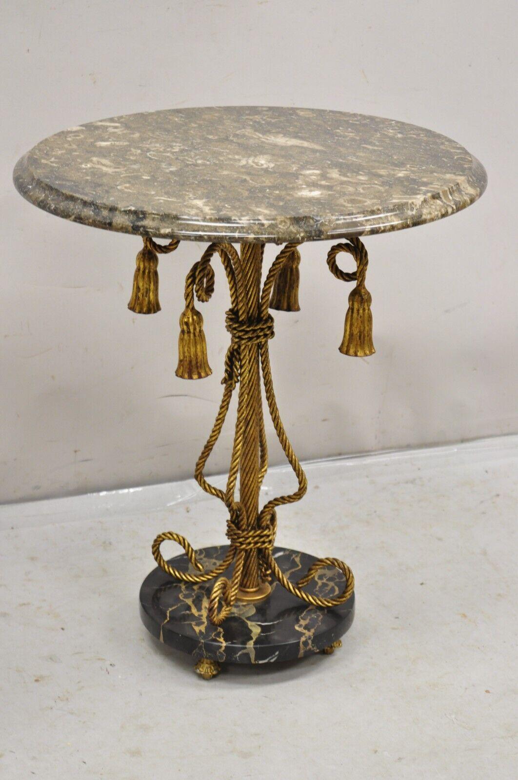 Vtg Italian Hollywood Regency Tassel Gold Iron Round Marble Top Small Side Table In Good Condition In Philadelphia, PA