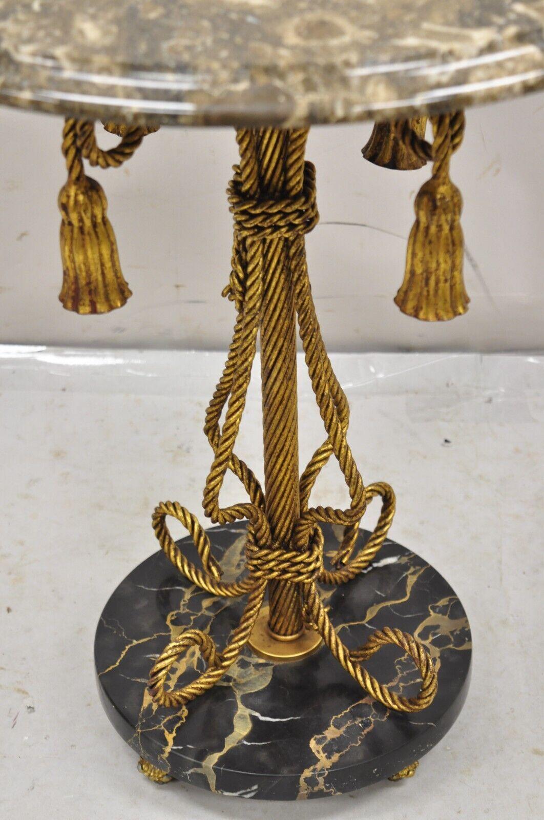 Vtg Italian Hollywood Regency Tassel Gold Iron Round Marble Top Small Side Table 2